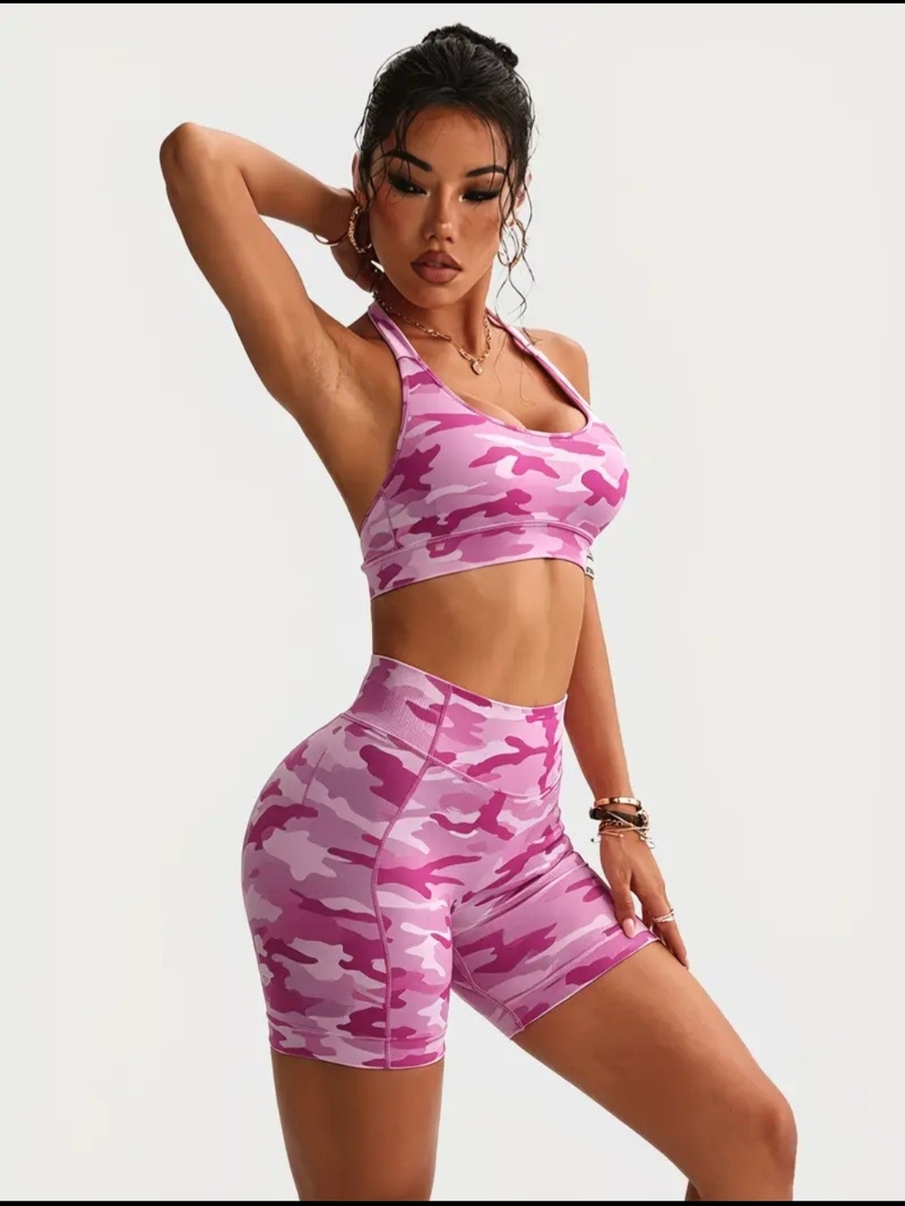 Women's High-Waist Pink Camo Bike Shorts/Bra